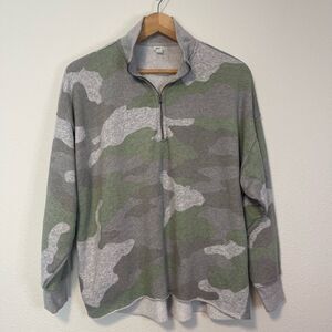 Aerie Oversized Camo Quarter Zip Raw Hem Sweatshirt Size Small
